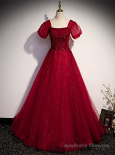 Burgundy Tulle Square Puff Sleeve Beading Prom Dress